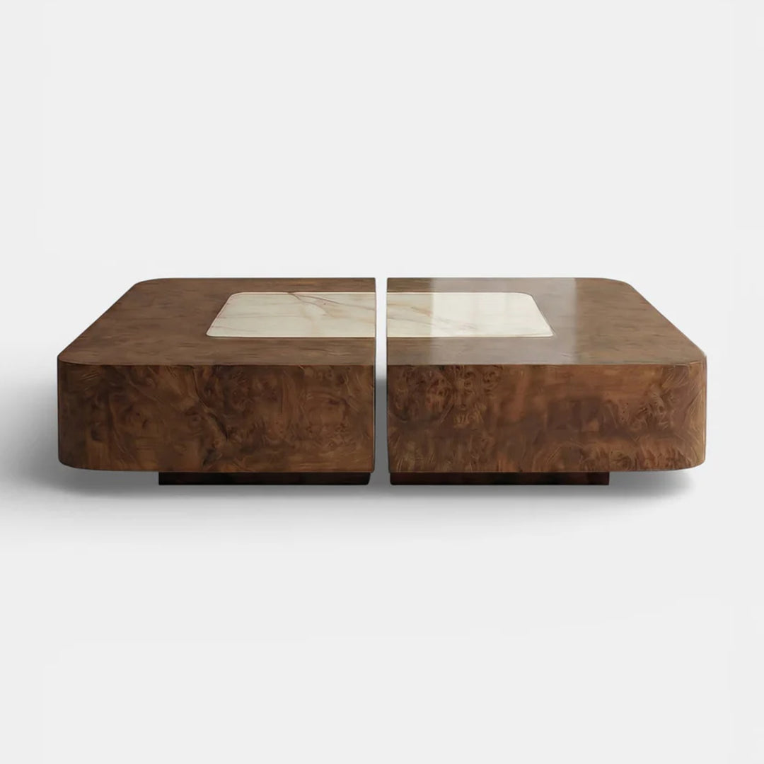 Baci Burl Wood and Shell Onyx Coffee Table with casters