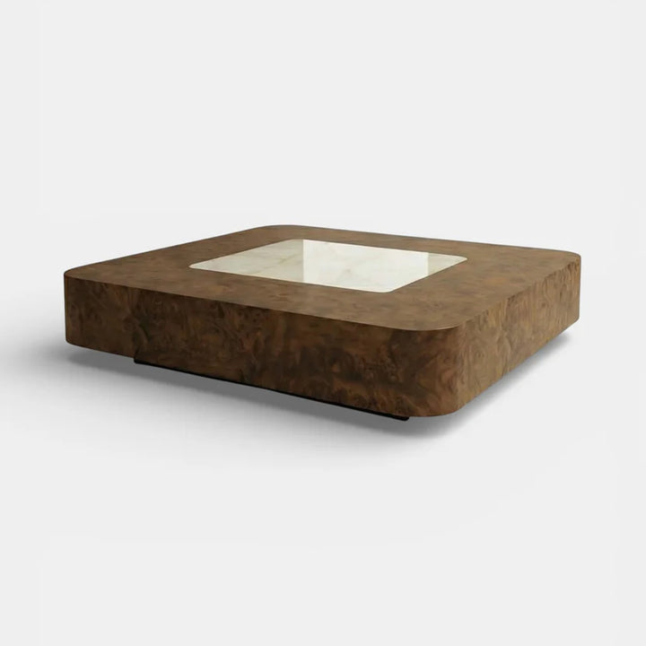 Baci Burl Wood and Shell Onyx Coffee Table with casters