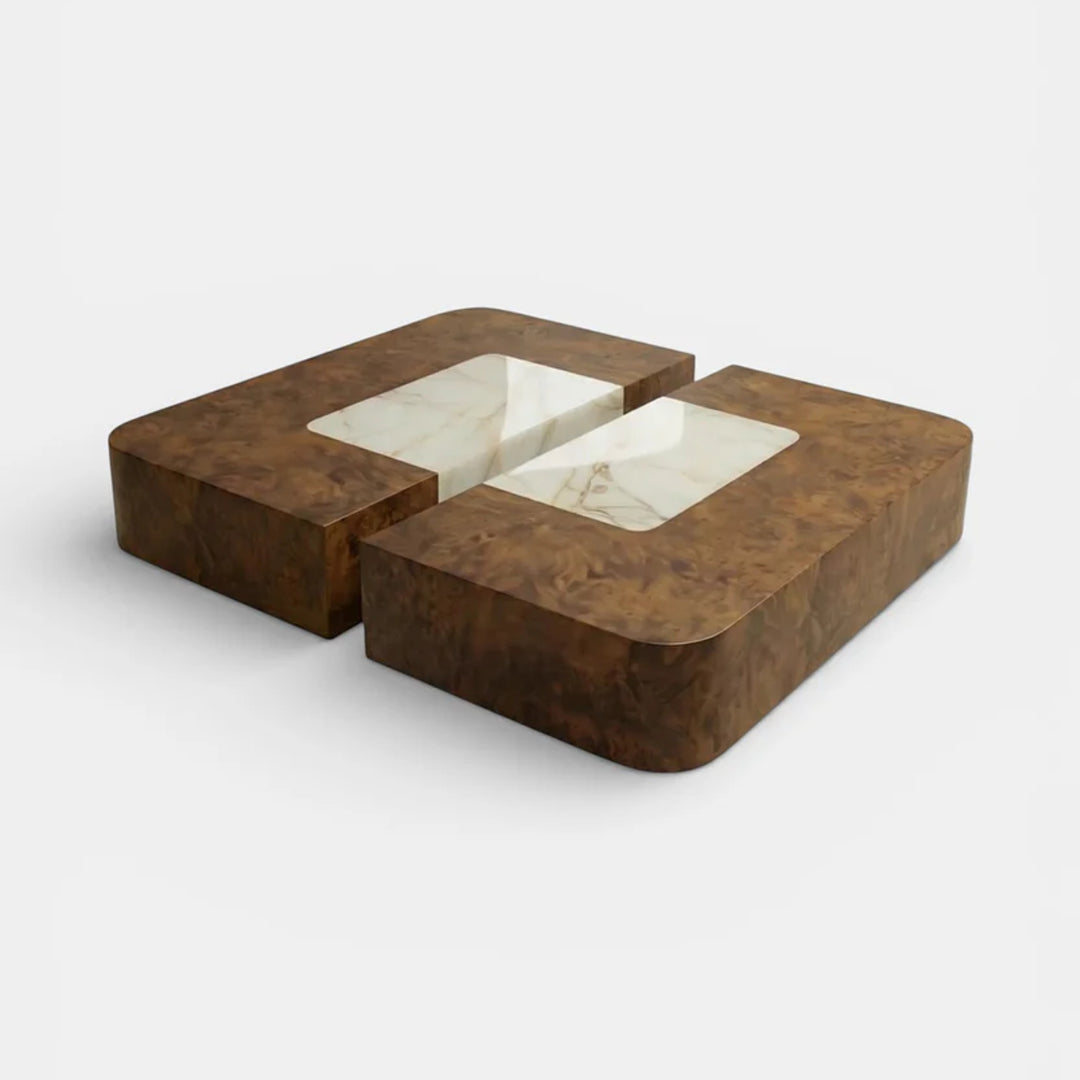 Baci Burl Wood and Shell Onyx Coffee Table with casters