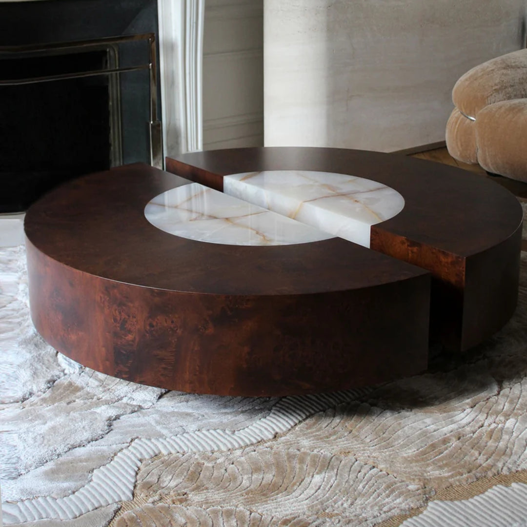 Baci Round Wood and Shell Onyx Coffee Table