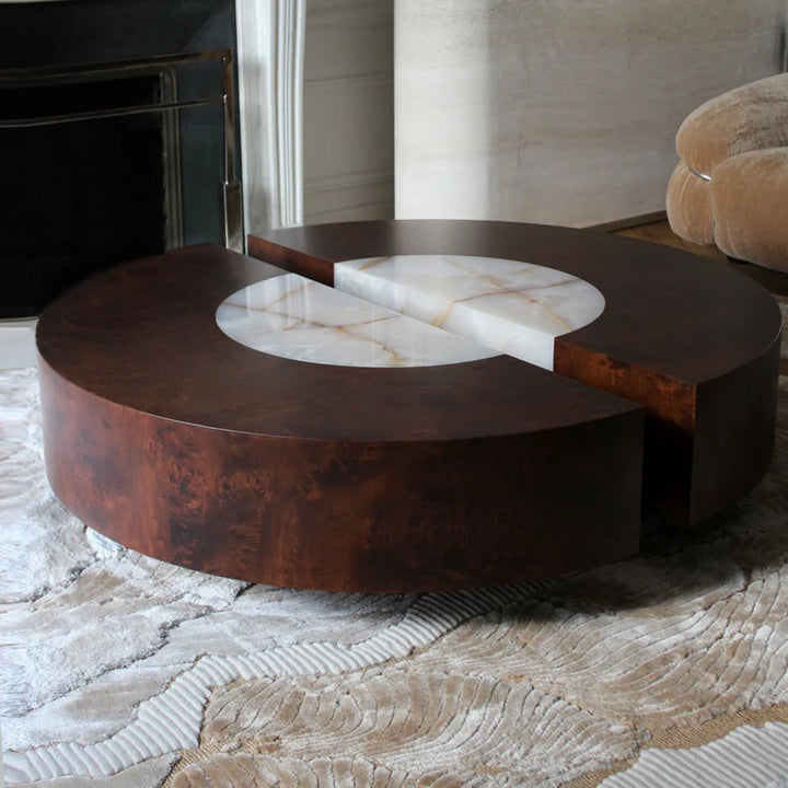 Baci Round Wood and Shell Onyx Coffee Table