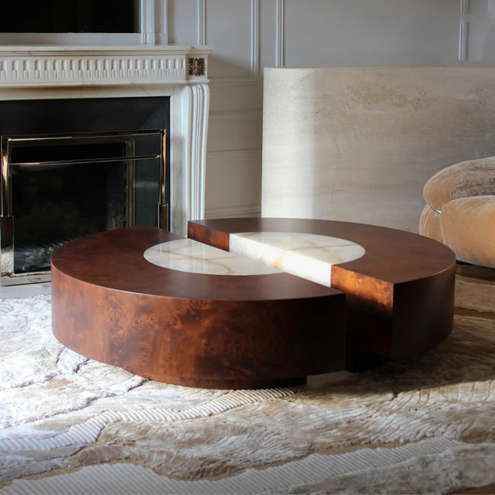 Baci Round Wood and Shell Onyx Coffee Table
