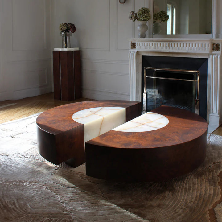 Baci Round Wood and Shell Onyx Coffee Table