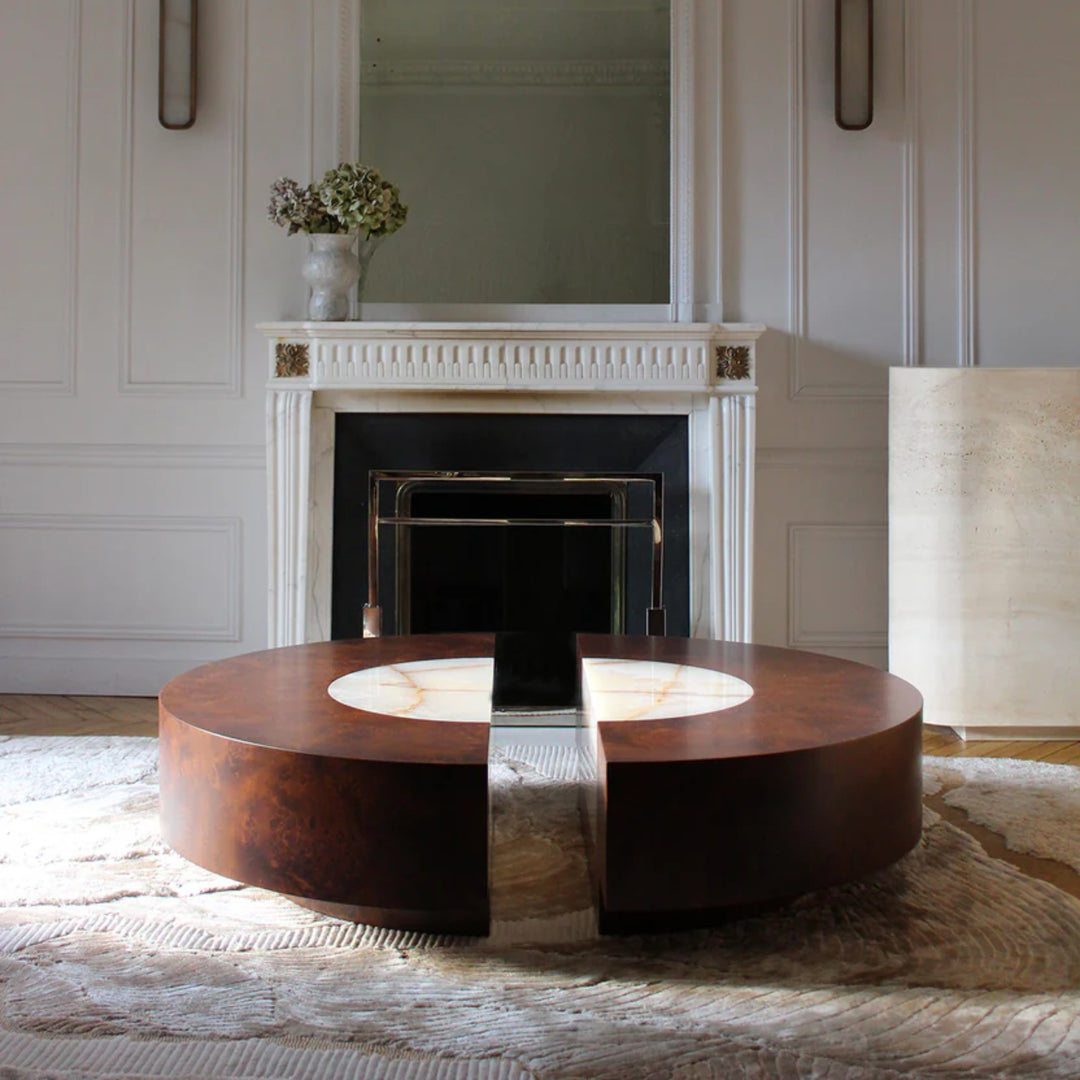 Baci Round Wood and Shell Onyx Coffee Table