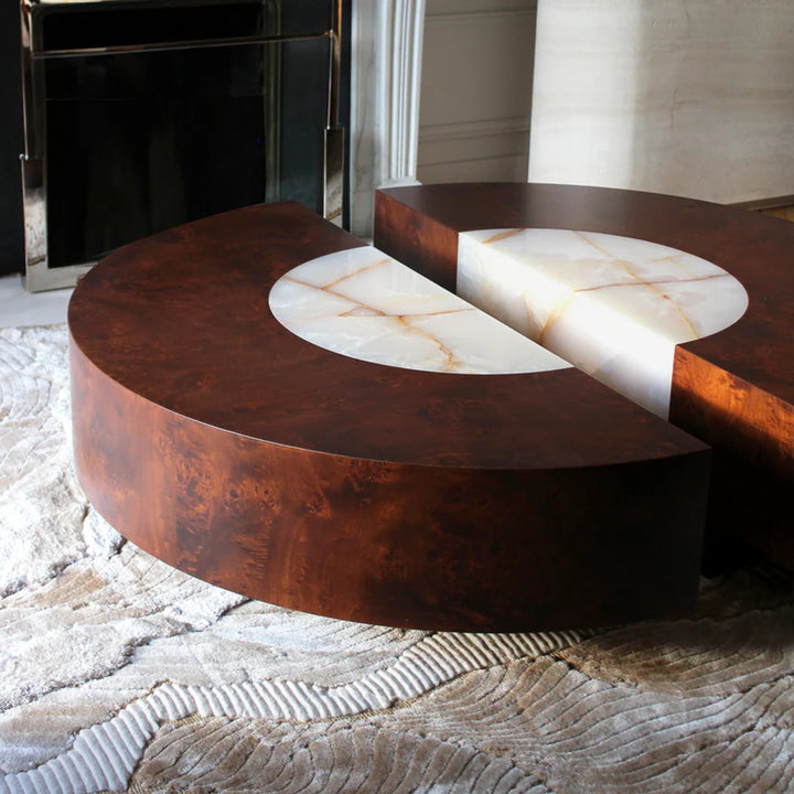 Baci Round Wood and Shell Onyx Coffee Table