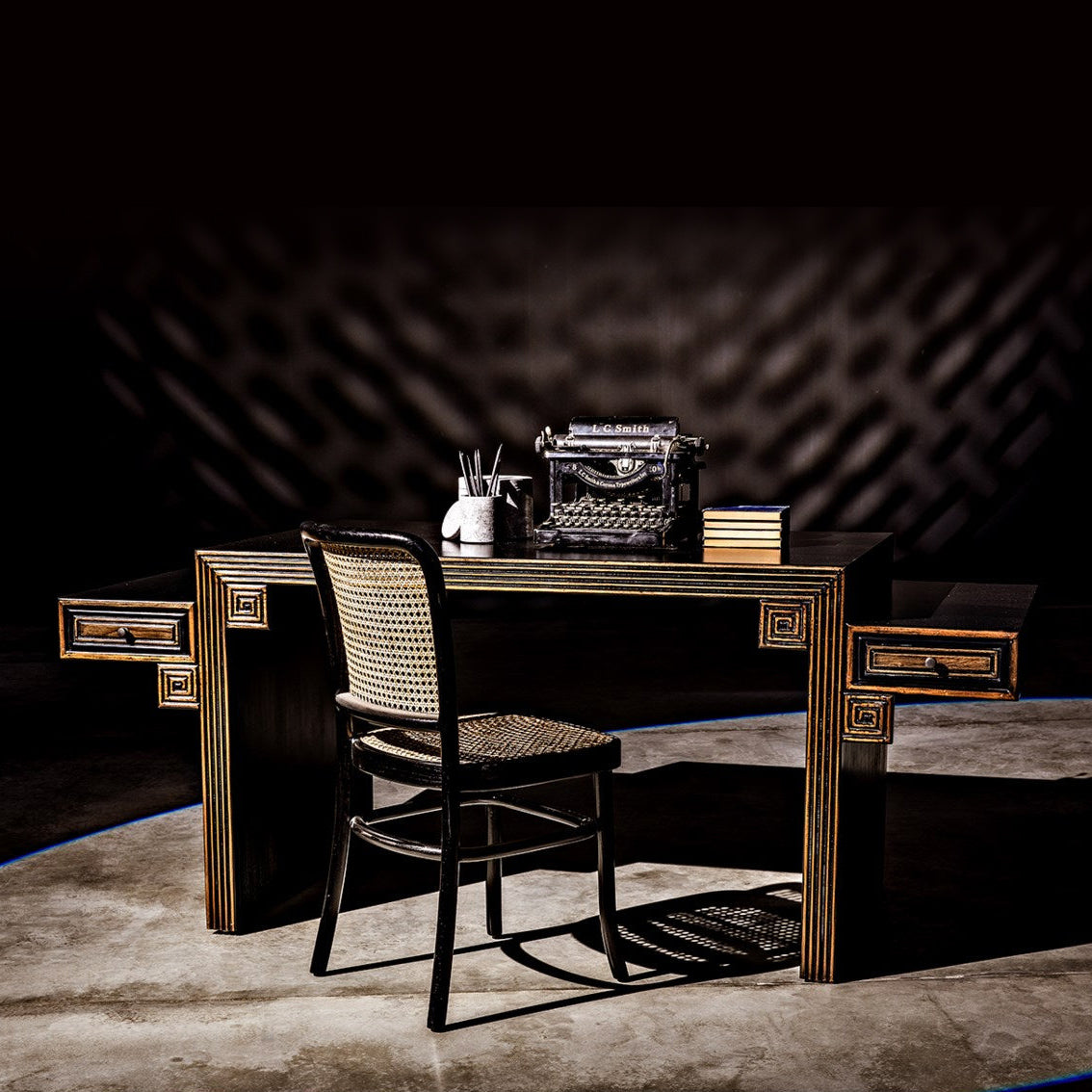Barzini Desk by Noir, Hand Rubbed Black with Light Brown Trim - Floor Model - Grade B