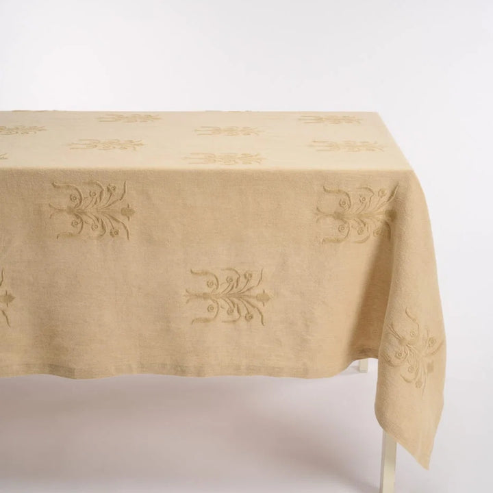 Floral Linen Tablecloth - Beige