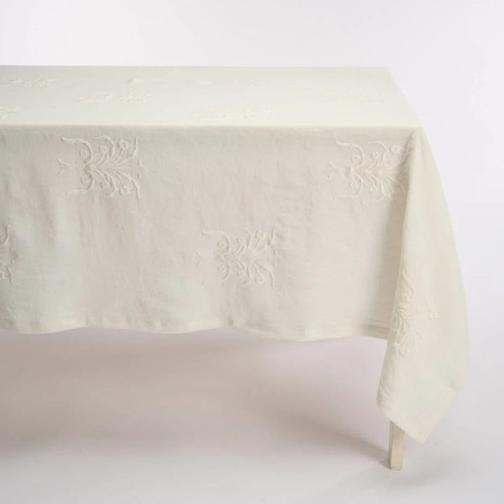 Floral Linen Tablecloth - White