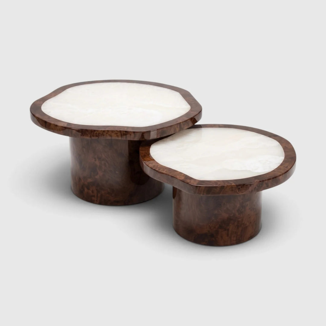 Joan Duo Dark Burl Wood and White Onyx Coffee Table
