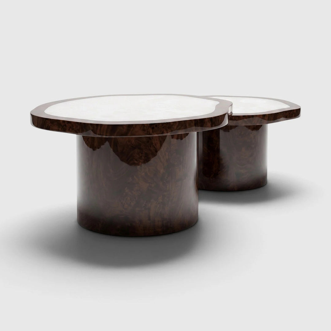 Joan Duo Dark Burl Wood and White Onyx Coffee Table
