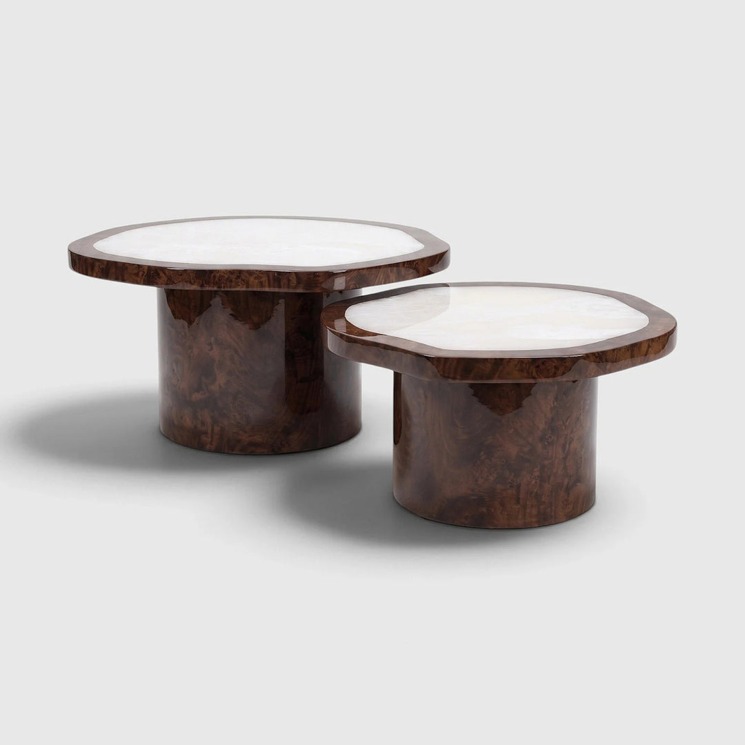 Joan Solo Dark Burl Wood and White Onyx Coffee Table