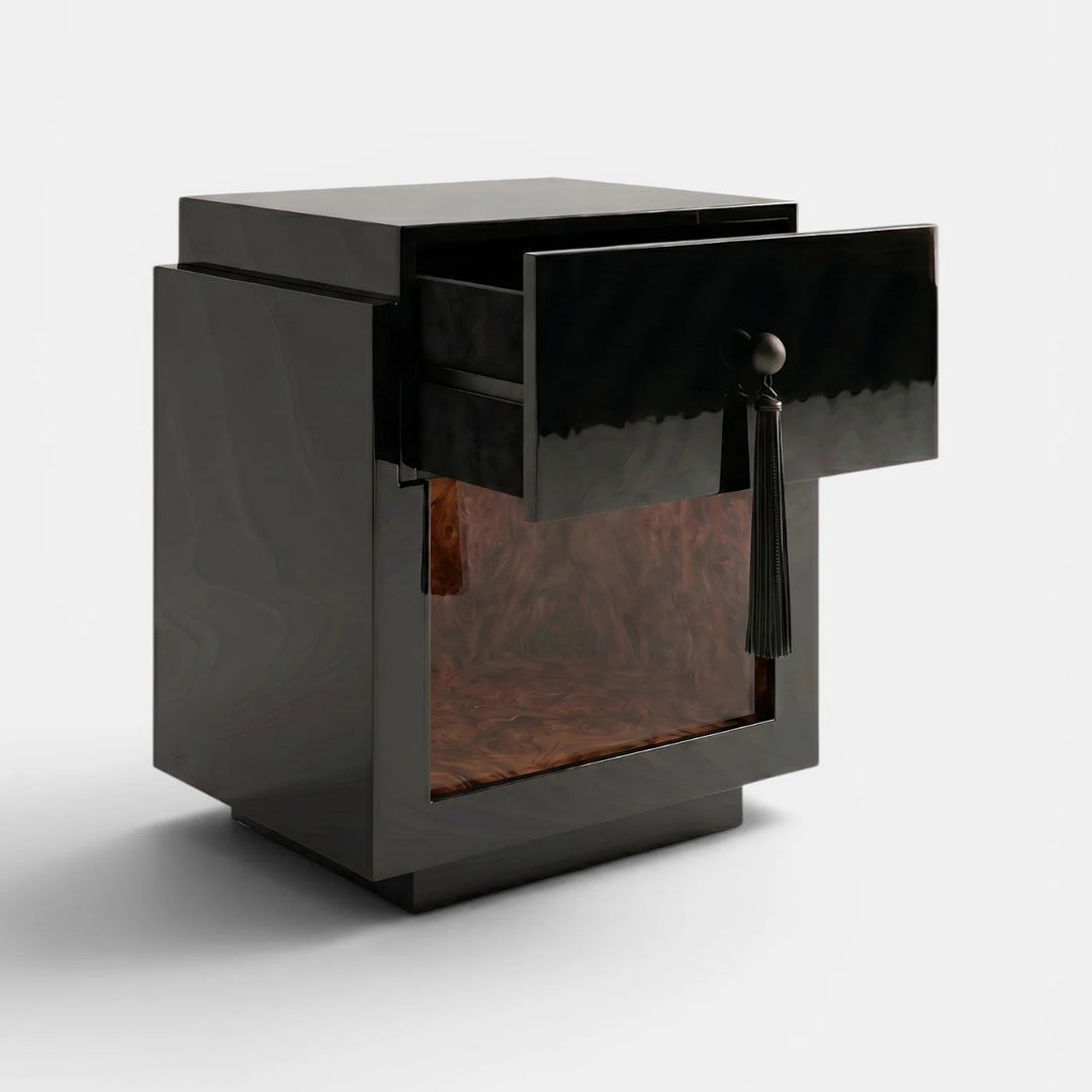 Leo Black and Dark Burl Wood Nightstand