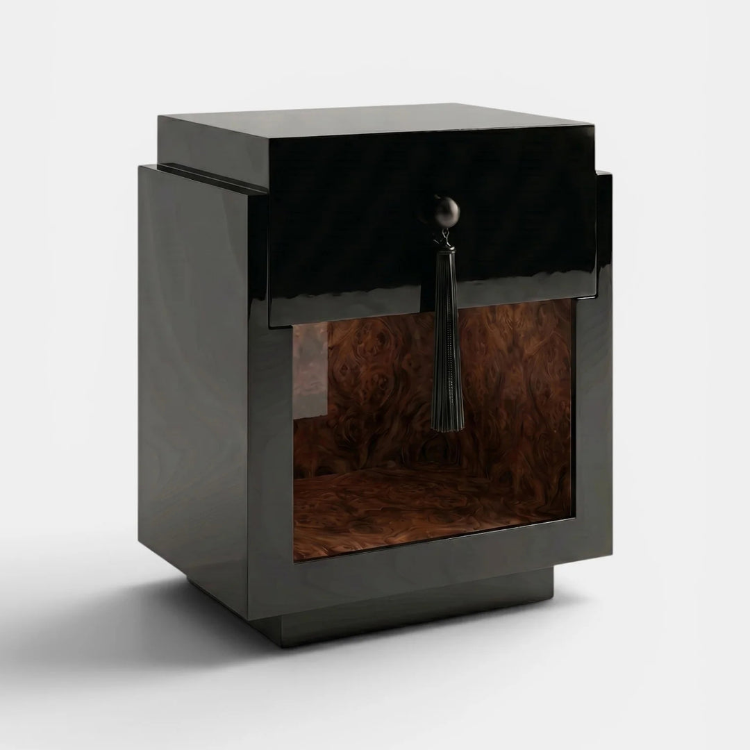 Leo Black and Dark Burl Wood Nightstand