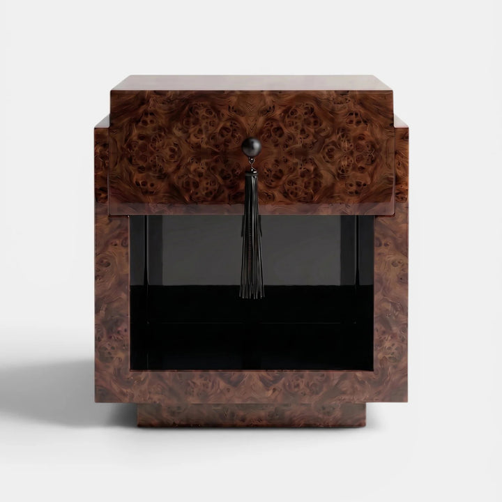 Leo Dark Burl Wood and Black Nightstand