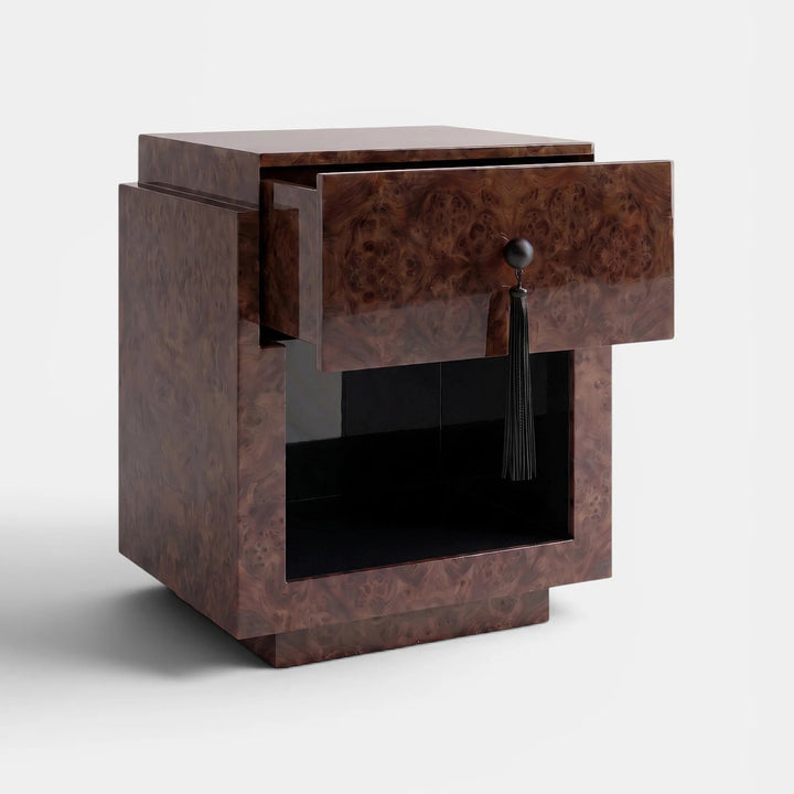 Leo Dark Burl Wood and Black Nightstand