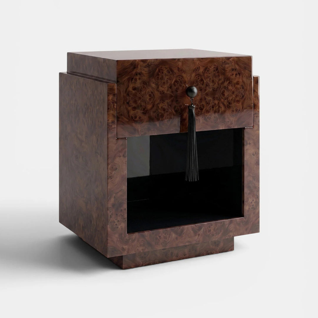 Leo Dark Burl Wood and Black Nightstand