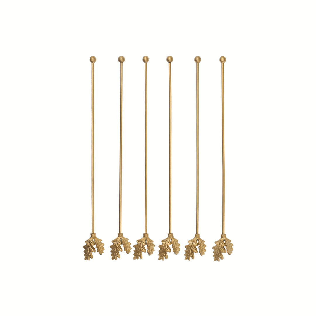 Oak Leaf Stir Sticks - Long - Set of 6 - Brass