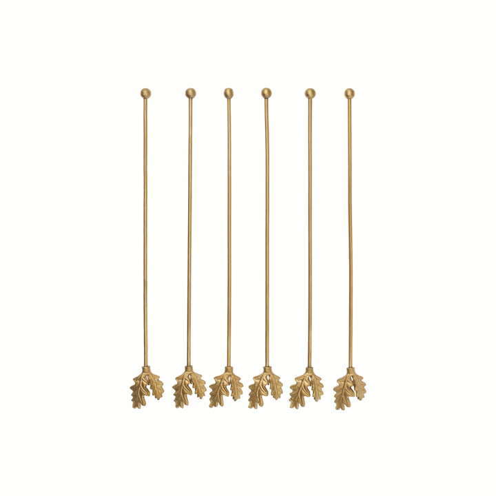 Oak Leaf Stir Sticks - Long - Set of 6 - Brass