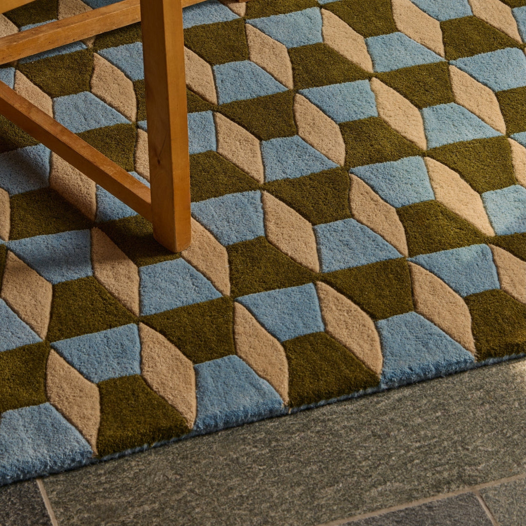 Olive Green, Powder Blue & Oat Groove Rug
