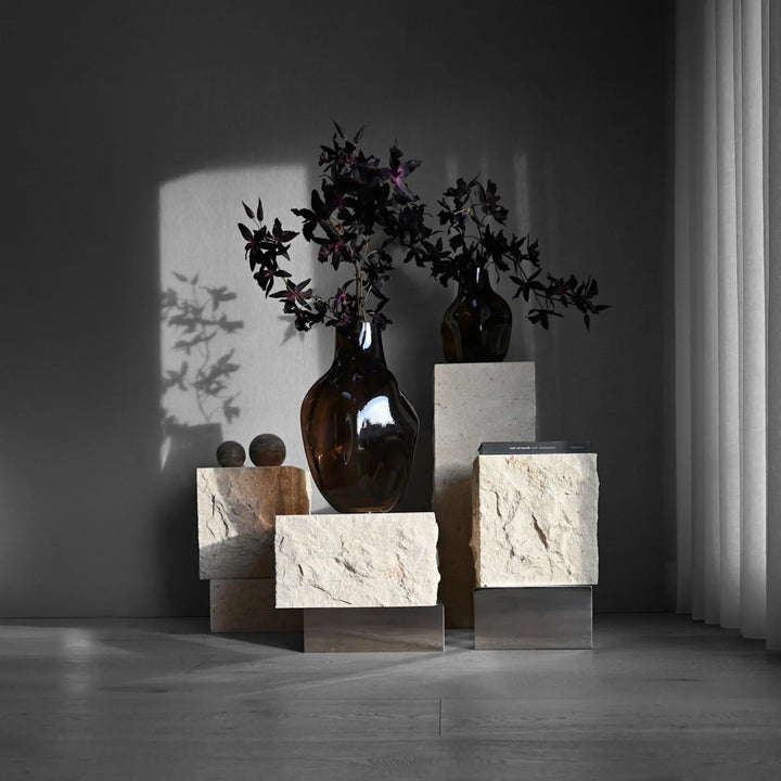 Temple Coffee Table, Low - Chrome / Limestone