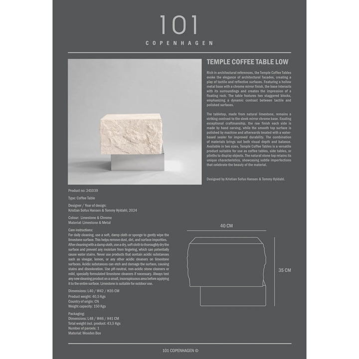 Temple Coffee Table, Low - Chrome / Limestone