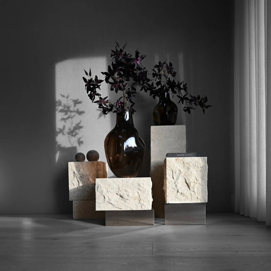 Temple Coffee Table, Tall - Chrome / Limestone