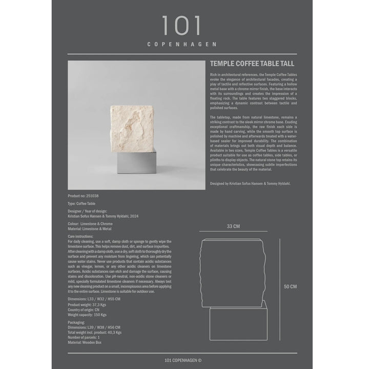 Temple Coffee Table, Tall - Chrome / Limestone