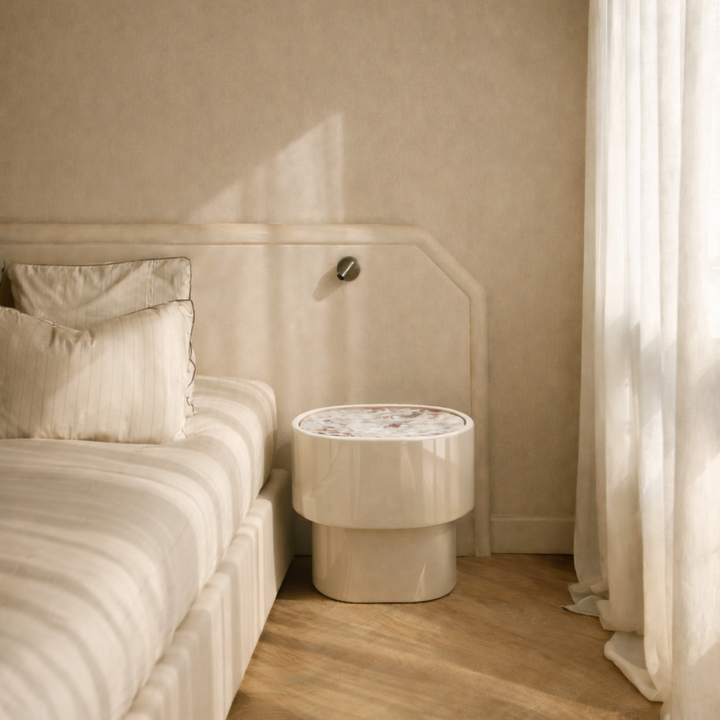 Maris End Table - Ecru White / Italian Aurara Marble